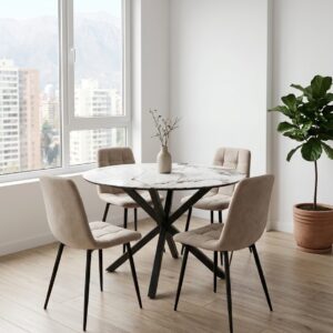 Juego de comedor Carrara: mesa redonda efecto mármol con base negra cruzada y 4 sillas tapizadas beige