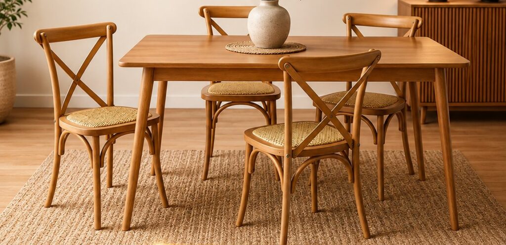 Juego de comedor Crossback Natural: mesa de madera y cuatro sillas de respaldo cruzado