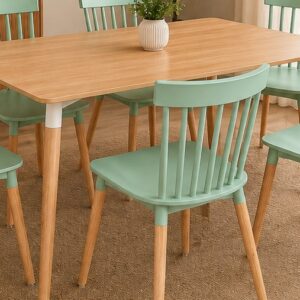 Juego de comedor Dalí: mesa nórdica y seis sillas color menta