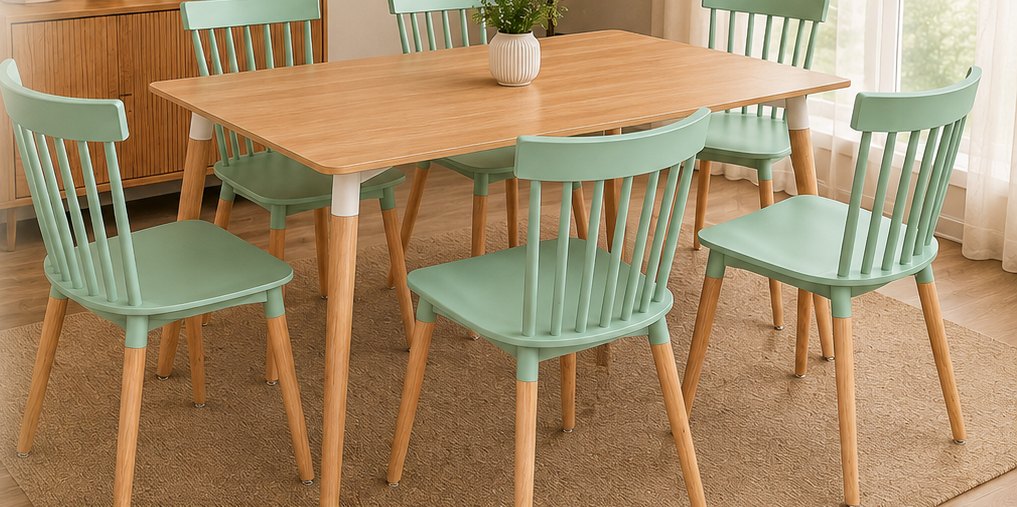 Juego de comedor Dalí: mesa nórdica y seis sillas color menta
