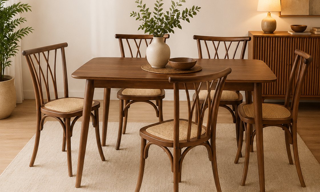 Juego de comedor Sevilla Walnut: mesa de madera y cuatro sillas con asiento de ratán