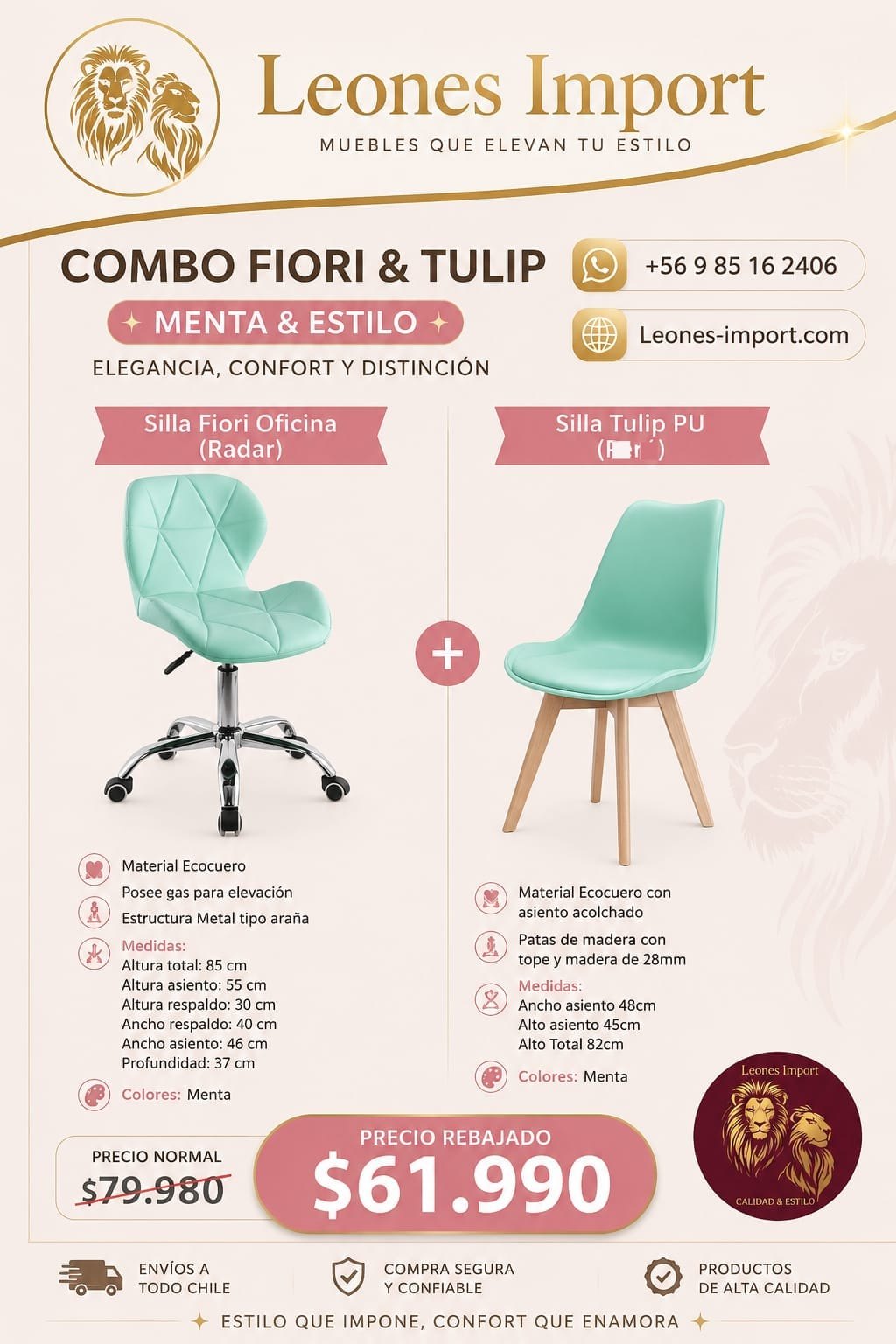 Combo Silla Tulip + Silla de Oficina Magnus - Imagen 2